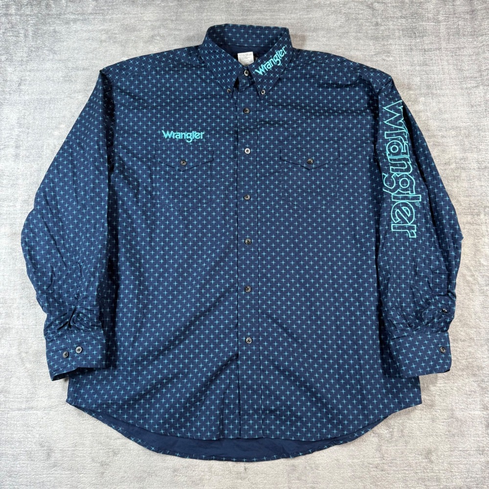 Wrangler Shirt Mens XL Blue Button Down Star Pattern Spell Out Western Rodeo